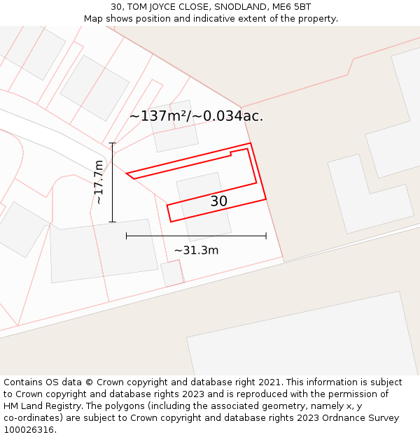 30, TOM JOYCE CLOSE, SNODLAND, ME6 5BT: Plot and title map