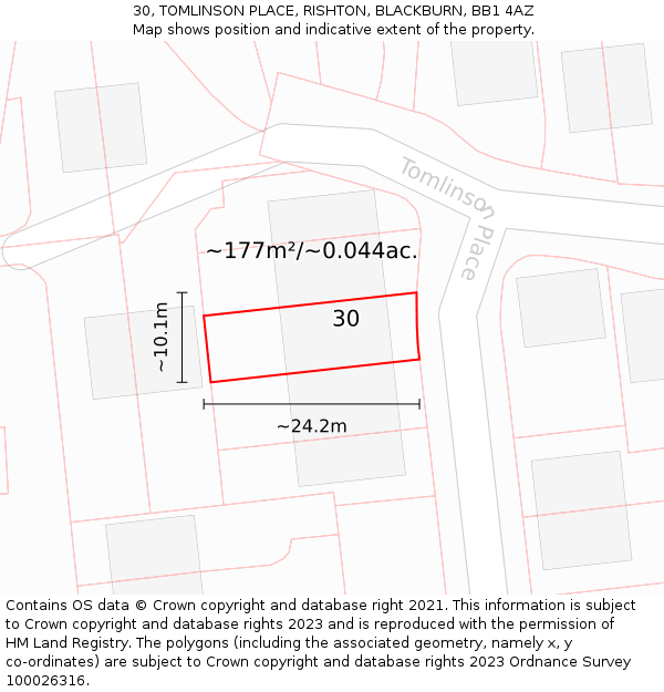 30, TOMLINSON PLACE, RISHTON, BLACKBURN, BB1 4AZ: Plot and title map