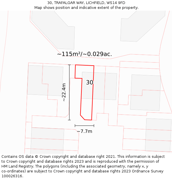 30, TRAFALGAR WAY, LICHFIELD, WS14 9FD: Plot and title map