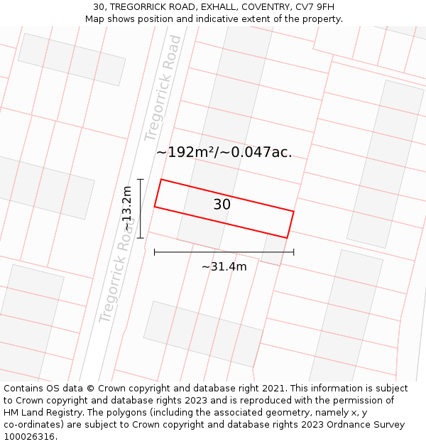 30, TREGORRICK ROAD, EXHALL, COVENTRY, CV7 9FH: Plot and title map
