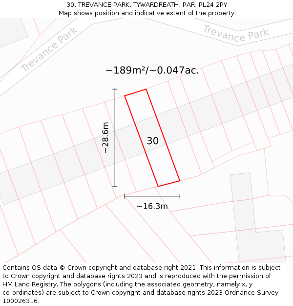 30, TREVANCE PARK, TYWARDREATH, PAR, PL24 2PY: Plot and title map