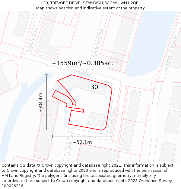 30, TREVORE DRIVE, STANDISH, WIGAN, WN1 2QE: Plot and title map
