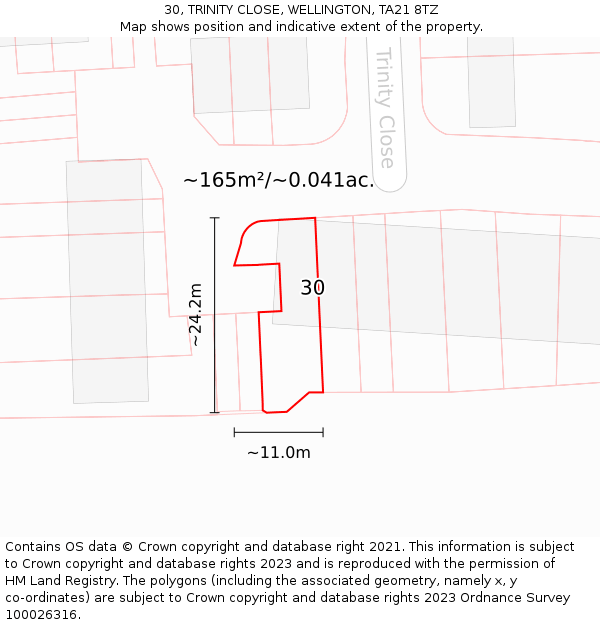 30, TRINITY CLOSE, WELLINGTON, TA21 8TZ: Plot and title map