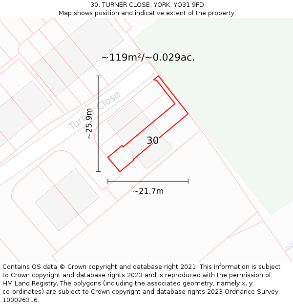 30, TURNER CLOSE, YORK, YO31 9FD: Plot and title map
