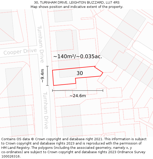 30, TURNHAM DRIVE, LEIGHTON BUZZARD, LU7 4RS: Plot and title map