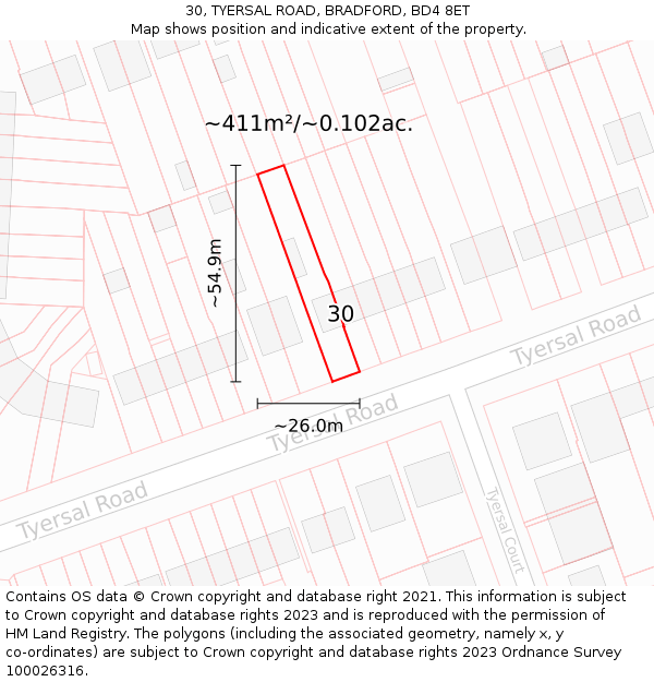 30, TYERSAL ROAD, BRADFORD, BD4 8ET: Plot and title map