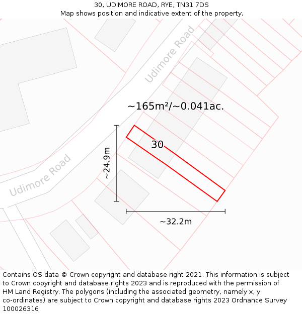 30, UDIMORE ROAD, RYE, TN31 7DS: Plot and title map