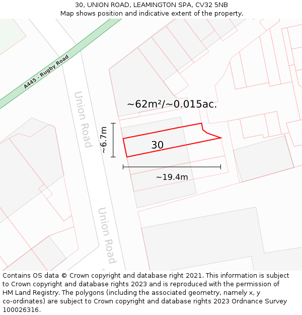 30, UNION ROAD, LEAMINGTON SPA, CV32 5NB: Plot and title map