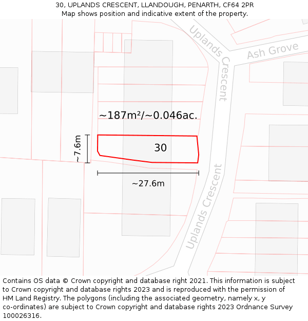 30, UPLANDS CRESCENT, LLANDOUGH, PENARTH, CF64 2PR: Plot and title map