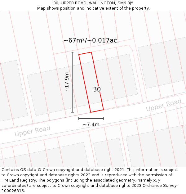 30, UPPER ROAD, WALLINGTON, SM6 8JY: Plot and title map
