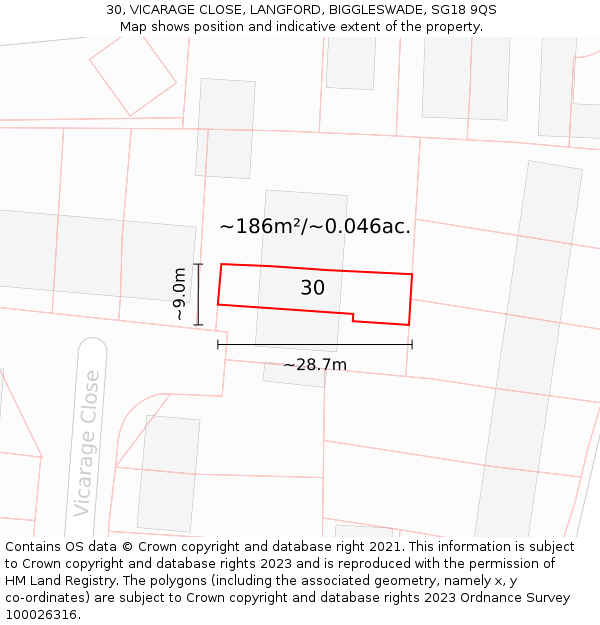30, VICARAGE CLOSE, LANGFORD, BIGGLESWADE, SG18 9QS: Plot and title map
