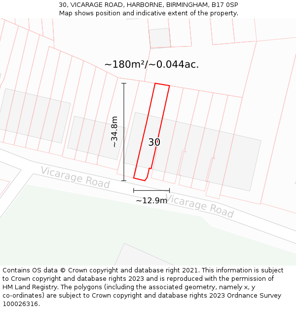 30, VICARAGE ROAD, HARBORNE, BIRMINGHAM, B17 0SP: Plot and title map