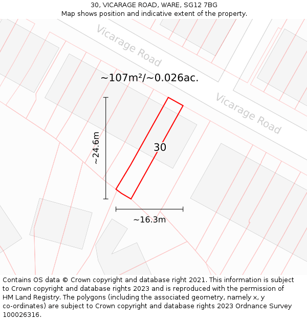 30, VICARAGE ROAD, WARE, SG12 7BG: Plot and title map