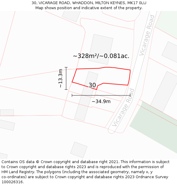 30, VICARAGE ROAD, WHADDON, MILTON KEYNES, MK17 0LU: Plot and title map