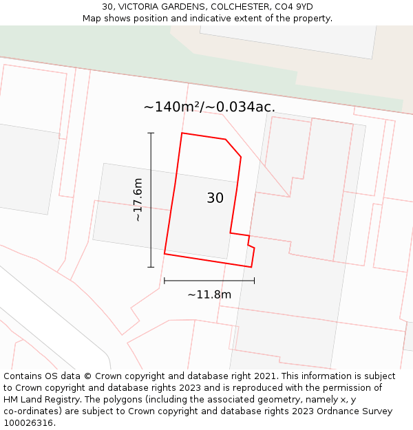 30, VICTORIA GARDENS, COLCHESTER, CO4 9YD: Plot and title map
