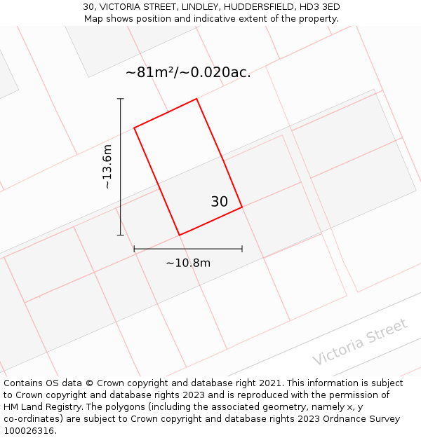 30, VICTORIA STREET, LINDLEY, HUDDERSFIELD, HD3 3ED: Plot and title map