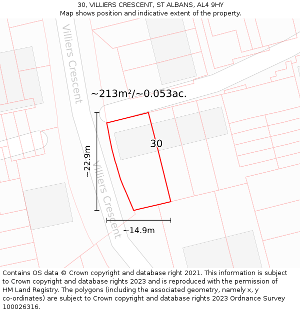 30, VILLIERS CRESCENT, ST ALBANS, AL4 9HY: Plot and title map