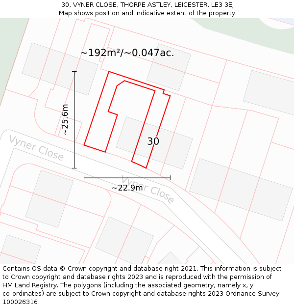 30, VYNER CLOSE, THORPE ASTLEY, LEICESTER, LE3 3EJ: Plot and title map