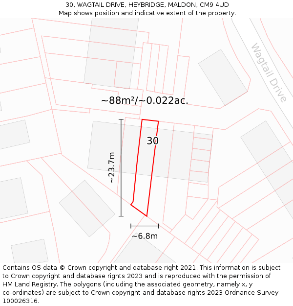 30, WAGTAIL DRIVE, HEYBRIDGE, MALDON, CM9 4UD: Plot and title map