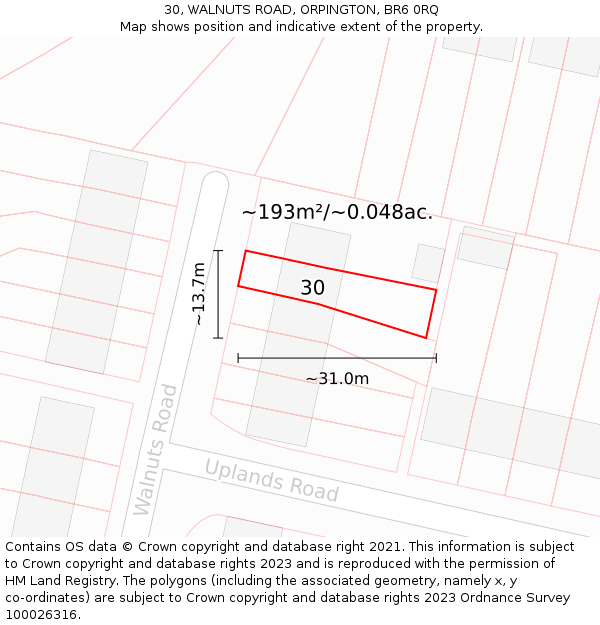 30, WALNUTS ROAD, ORPINGTON, BR6 0RQ: Plot and title map