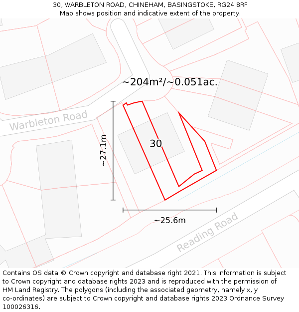 30, WARBLETON ROAD, CHINEHAM, BASINGSTOKE, RG24 8RF: Plot and title map
