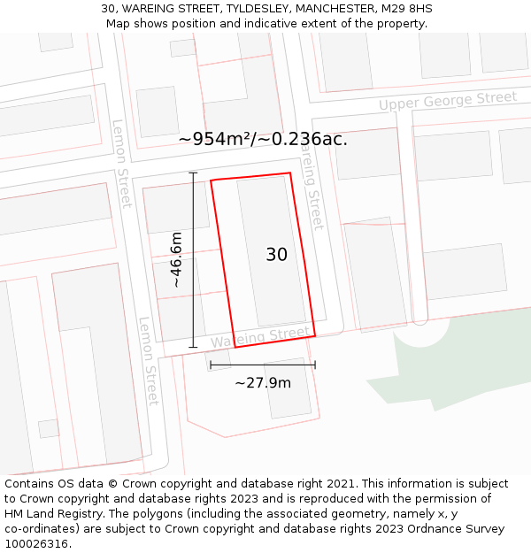 30, WAREING STREET, TYLDESLEY, MANCHESTER, M29 8HS: Plot and title map