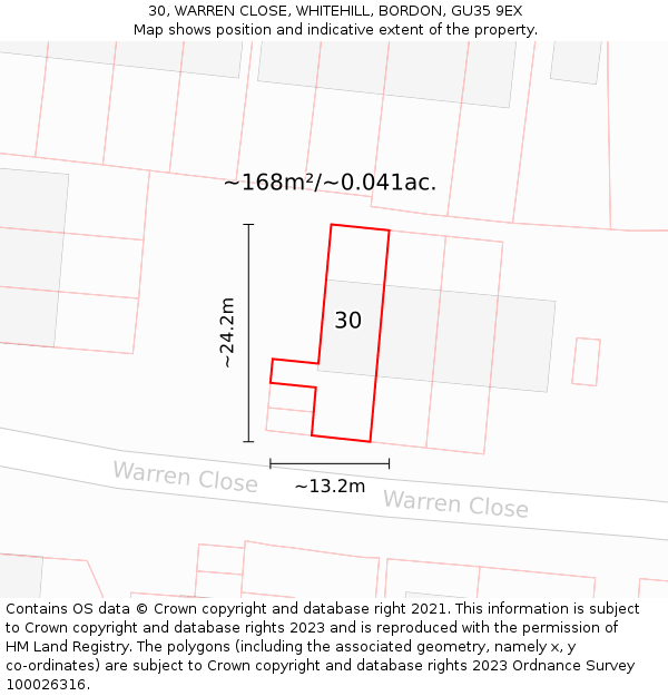 30, WARREN CLOSE, WHITEHILL, BORDON, GU35 9EX: Plot and title map