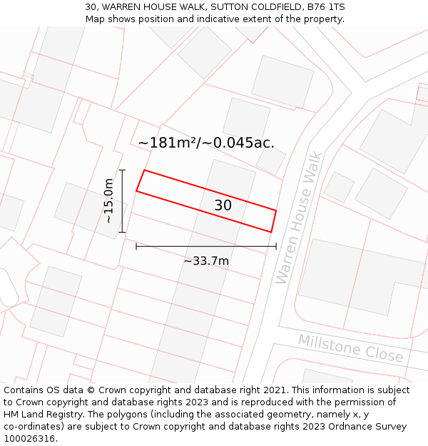 30, WARREN HOUSE WALK, SUTTON COLDFIELD, B76 1TS: Plot and title map