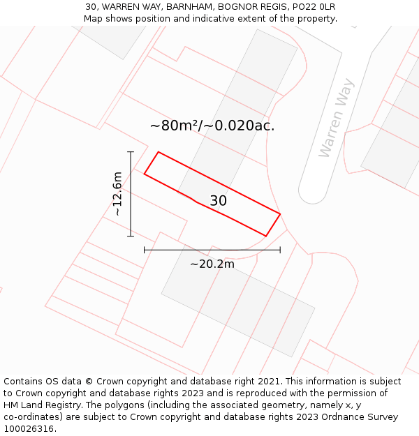 30, WARREN WAY, BARNHAM, BOGNOR REGIS, PO22 0LR: Plot and title map
