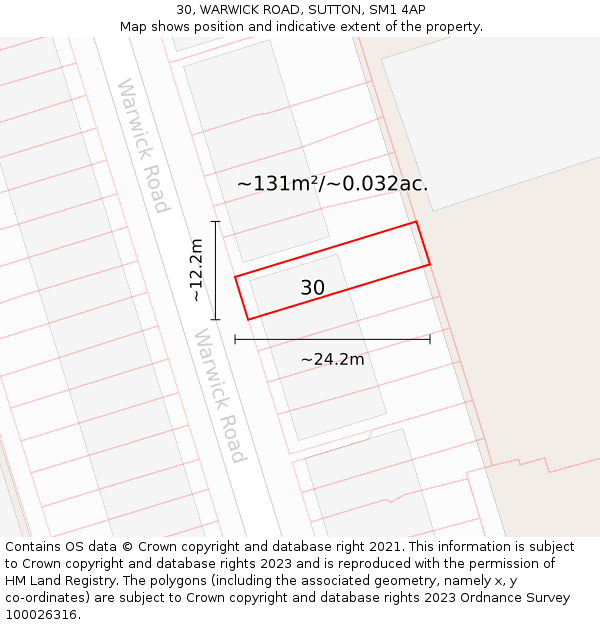 30, WARWICK ROAD, SUTTON, SM1 4AP: Plot and title map