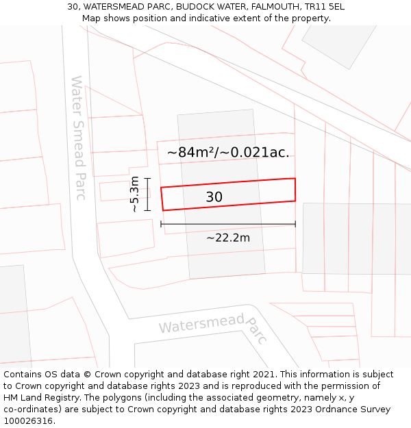 30, WATERSMEAD PARC, BUDOCK WATER, FALMOUTH, TR11 5EL: Plot and title map