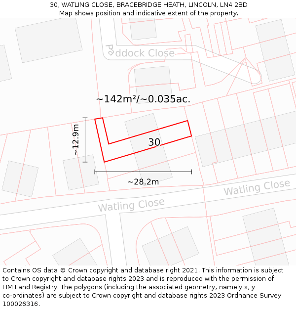 30, WATLING CLOSE, BRACEBRIDGE HEATH, LINCOLN, LN4 2BD: Plot and title map