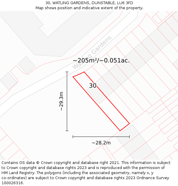 30, WATLING GARDENS, DUNSTABLE, LU6 3FD: Plot and title map