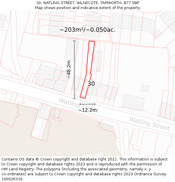 30, WATLING STREET, WILNECOTE, TAMWORTH, B77 5BP: Plot and title map