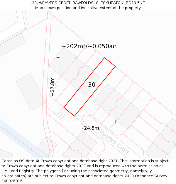 30, WEAVERS CROFT, RAWFOLDS, CLECKHEATON, BD19 5NE: Plot and title map