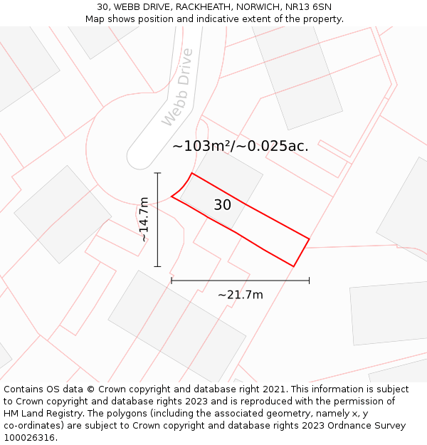30, WEBB DRIVE, RACKHEATH, NORWICH, NR13 6SN: Plot and title map
