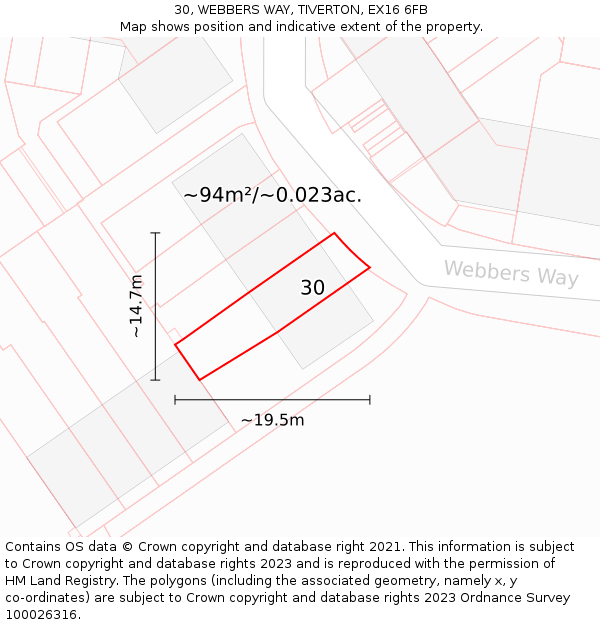 30, WEBBERS WAY, TIVERTON, EX16 6FB: Plot and title map