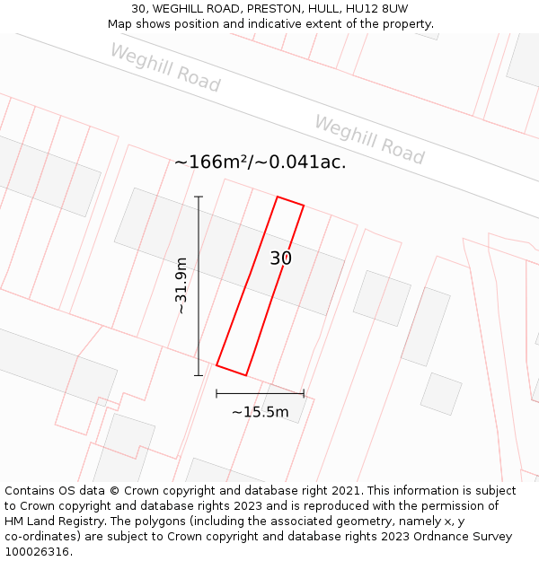 30, WEGHILL ROAD, PRESTON, HULL, HU12 8UW: Plot and title map