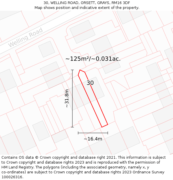 30, WELLING ROAD, ORSETT, GRAYS, RM16 3DF: Plot and title map