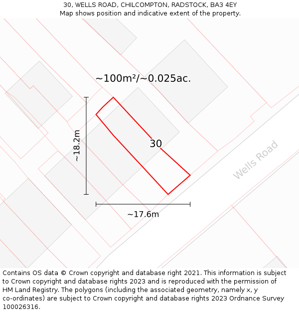 30, WELLS ROAD, CHILCOMPTON, RADSTOCK, BA3 4EY: Plot and title map
