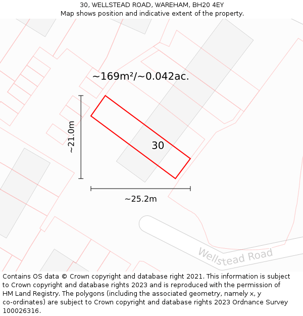 30, WELLSTEAD ROAD, WAREHAM, BH20 4EY: Plot and title map