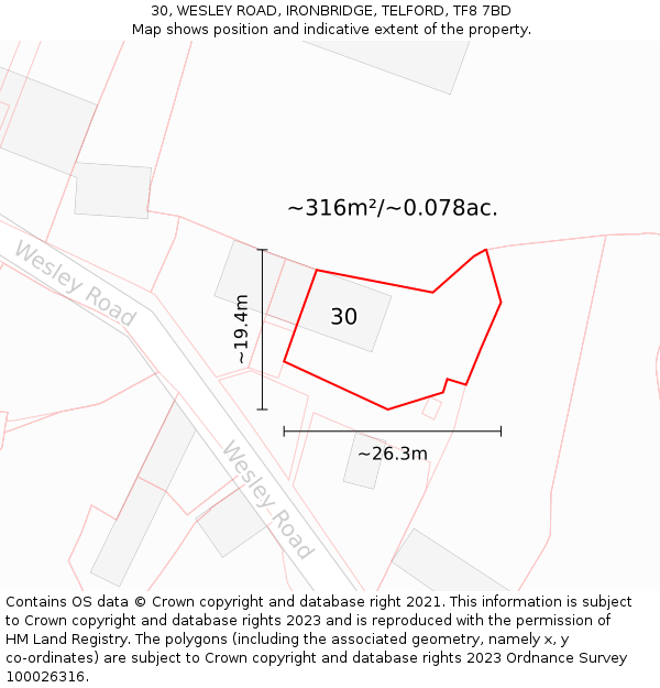 30, WESLEY ROAD, IRONBRIDGE, TELFORD, TF8 7BD: Plot and title map
