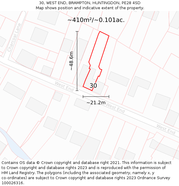 30, WEST END, BRAMPTON, HUNTINGDON, PE28 4SD: Plot and title map