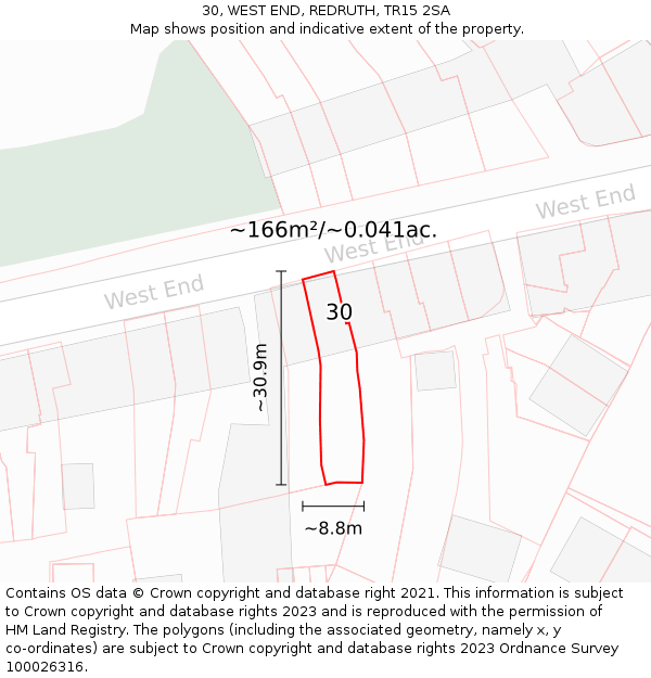 30, WEST END, REDRUTH, TR15 2SA: Plot and title map