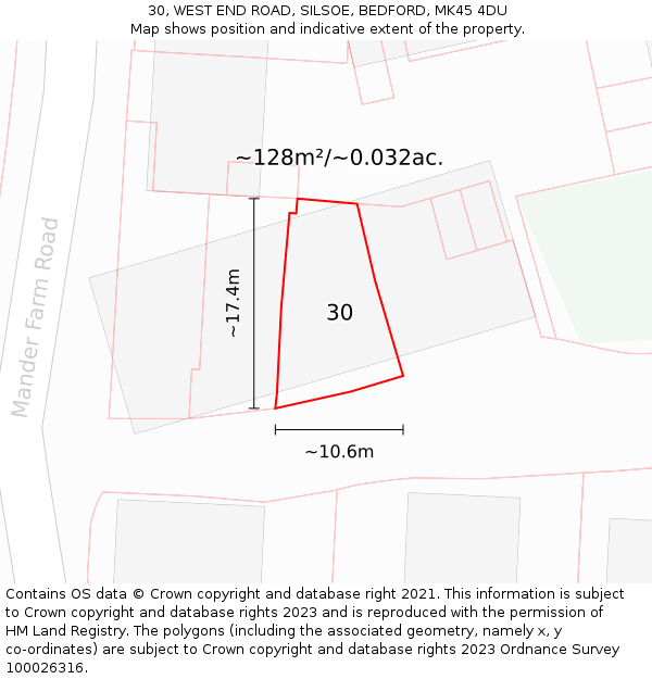 30, WEST END ROAD, SILSOE, BEDFORD, MK45 4DU: Plot and title map
