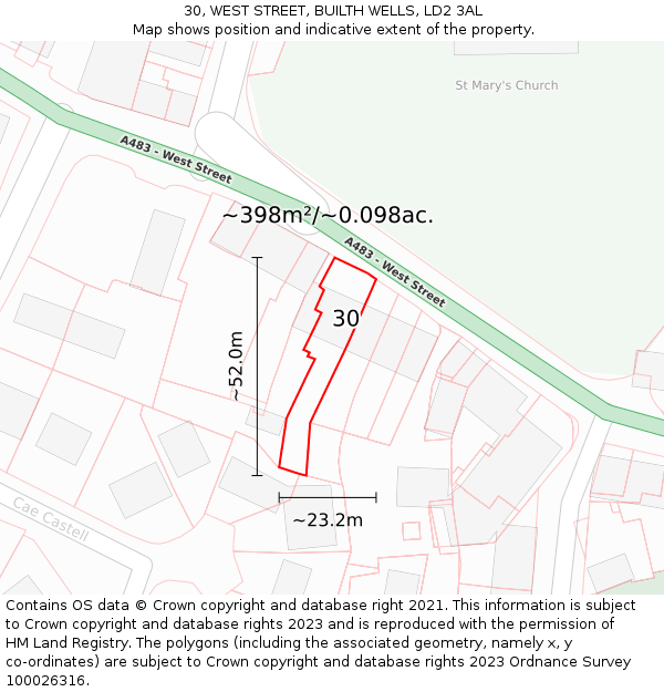 30, WEST STREET, BUILTH WELLS, LD2 3AL: Plot and title map