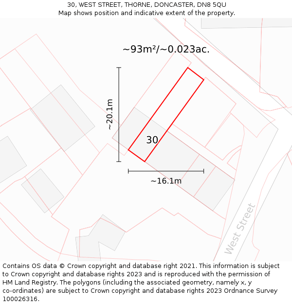 30, WEST STREET, THORNE, DONCASTER, DN8 5QU: Plot and title map