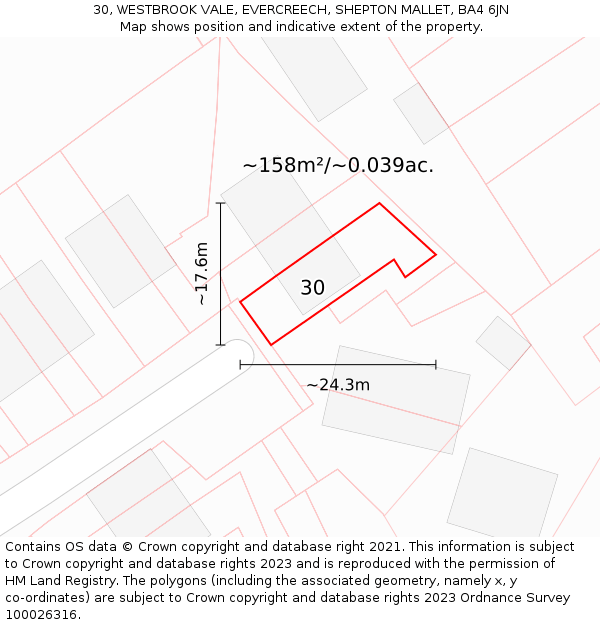 30, WESTBROOK VALE, EVERCREECH, SHEPTON MALLET, BA4 6JN: Plot and title map