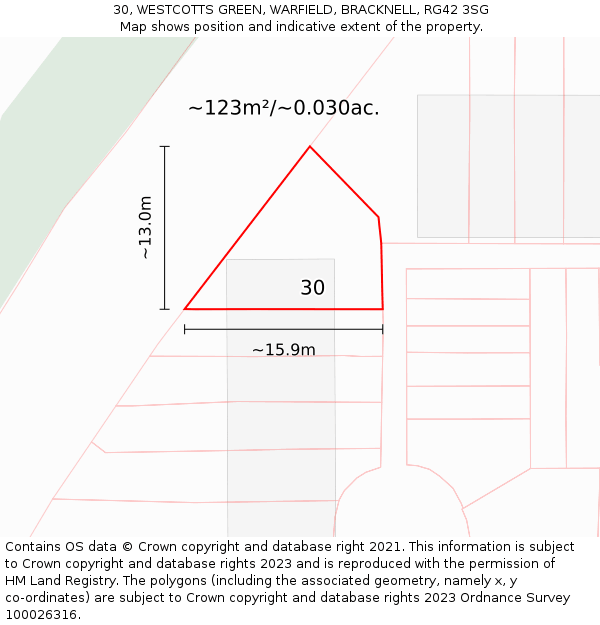30, WESTCOTTS GREEN, WARFIELD, BRACKNELL, RG42 3SG: Plot and title map