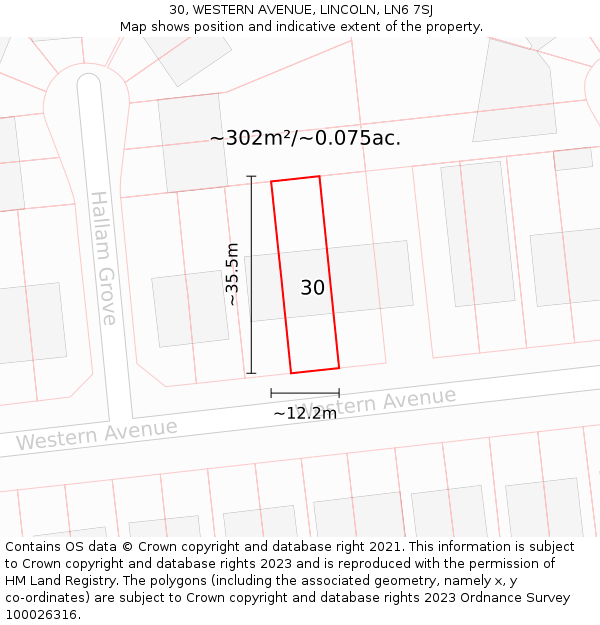 30, WESTERN AVENUE, LINCOLN, LN6 7SJ: Plot and title map